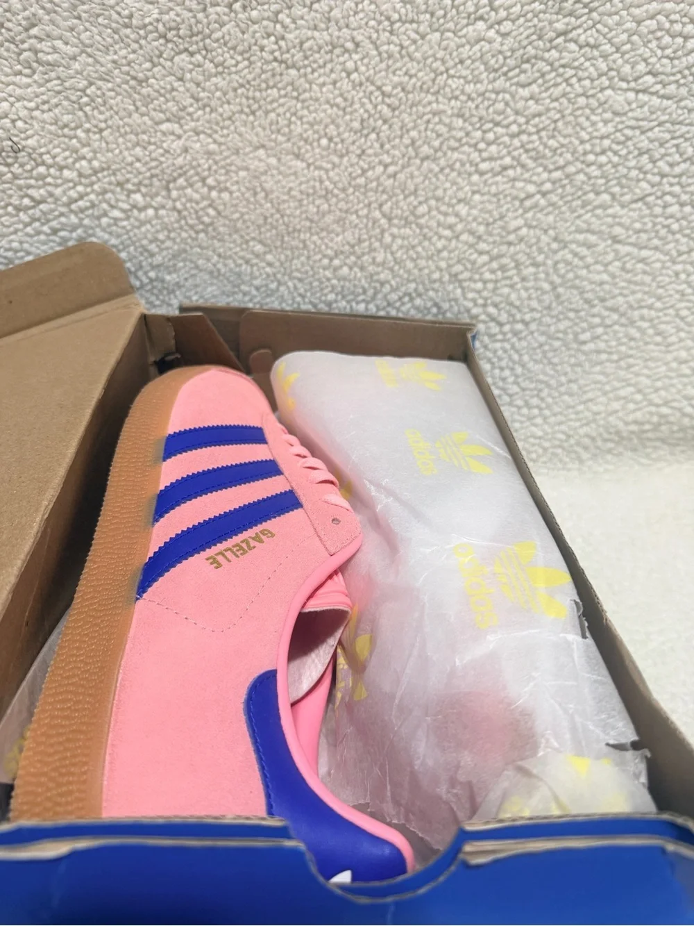 Adidas Gazelle Pink with Blue Stripes and Gum Sole